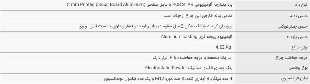 جدول مشخصات فنی پایه چراغ BO 6